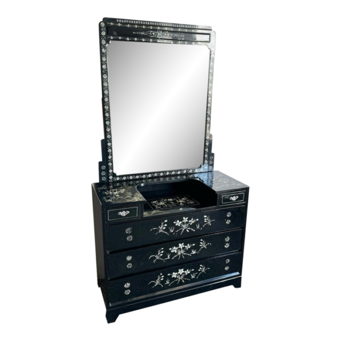 chinese black lacquered mother of pearl inlay vanitychest with mirror 7538