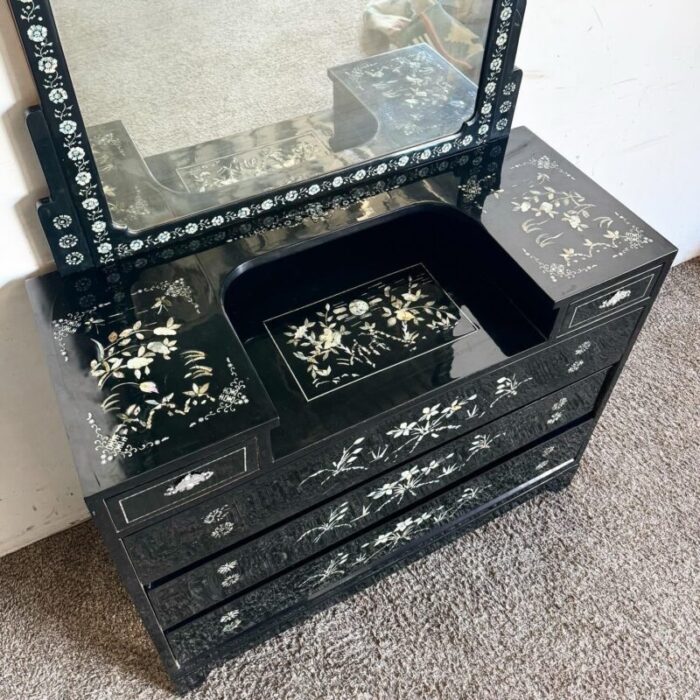 chinese black lacquered mother of pearl inlay vanitychest with mirror 9194