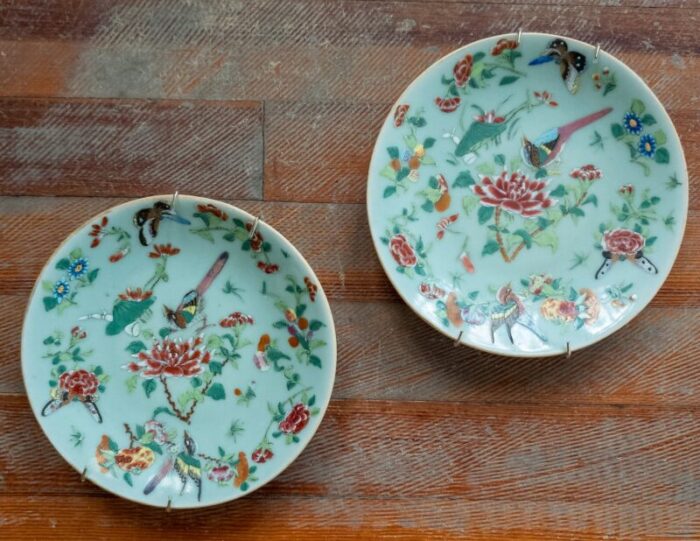 chinese export celadon green famille rose medallion plates 1890s set of 2 1