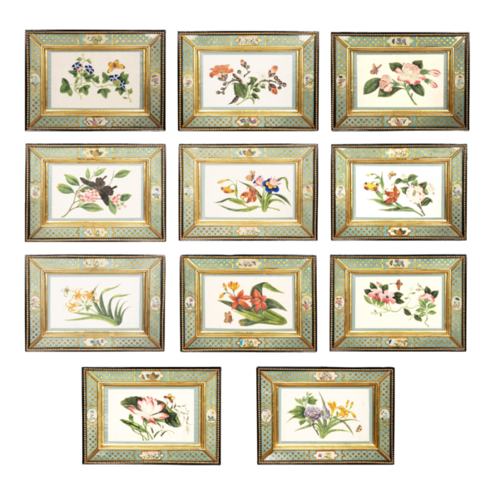 chinese watercolors on rice paper with eglomise frames set of 11 9866