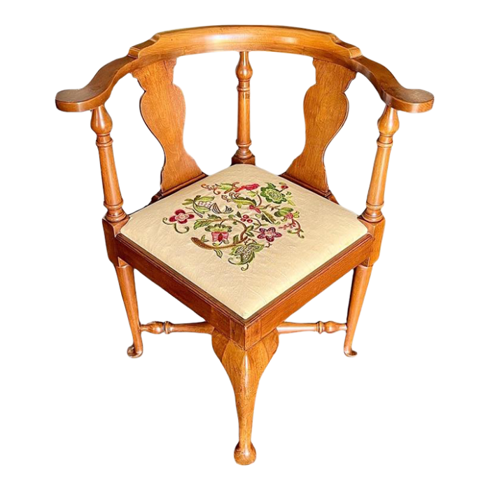 circa 1960s crewel seat mahogany corner chair with reproduction needlepoint 7202