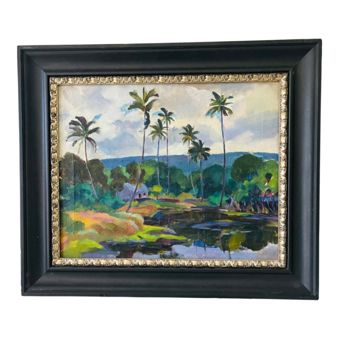 coastal decor tropical landscape oil on canvas antique post impressionist painting framed 1902