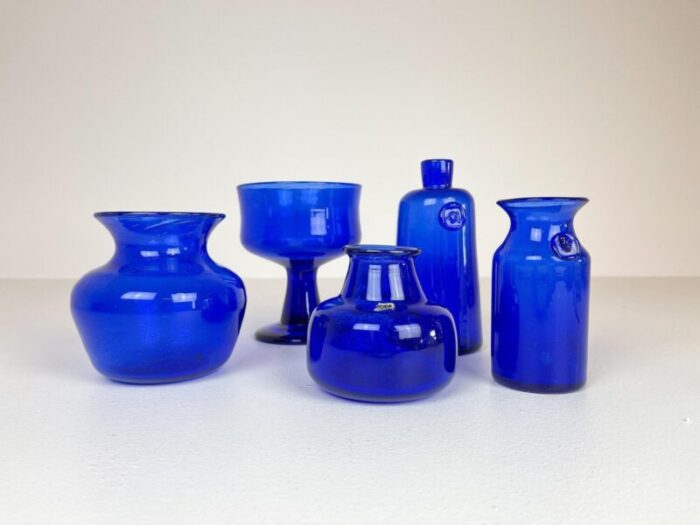 collection of five blue vases by erik hoglund sweden 1960s set of 5 6