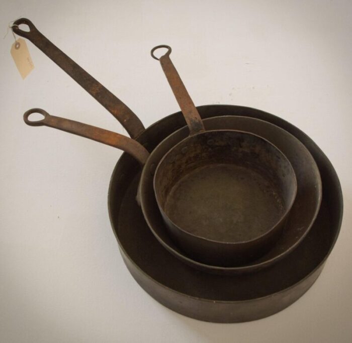 copper and iron handled saucepans 1890s set of 3 1