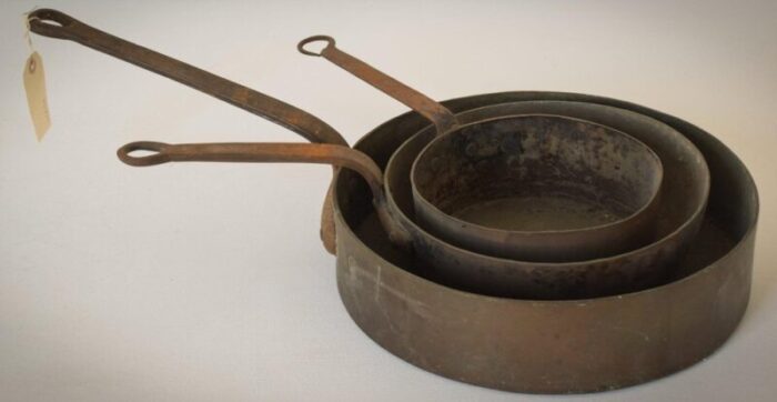 copper and iron handled saucepans 1890s set of 3 2