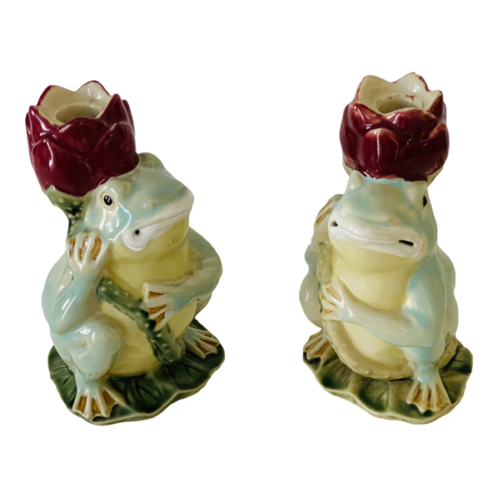 costal decor pair of vintage majolica frog candlesticks 2343