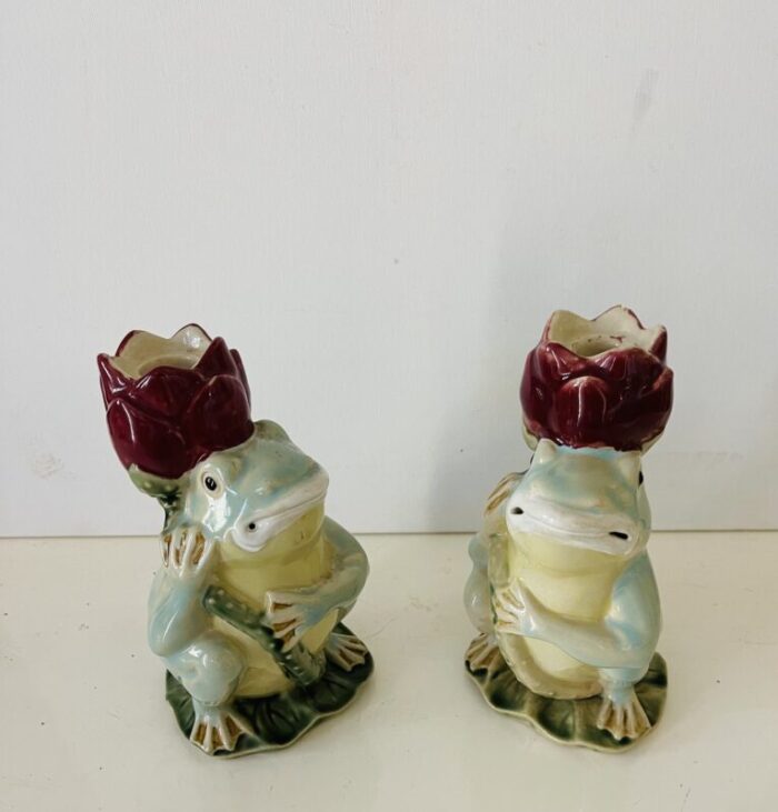 costal decor pair of vintage majolica frog candlesticks 6704