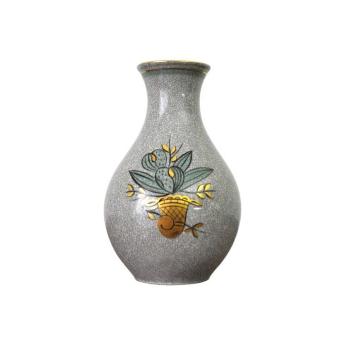 craquele glaze porcelain vase in gold green on grey from lyngby porcelain 1930s 1