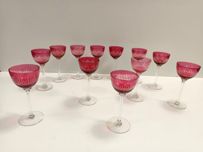 crimson crystal drinking glasses attributed to val saint lambert 1960s set of 12 0736