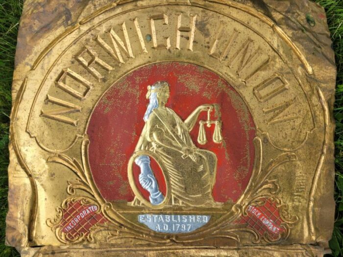 early 1900s norwich union fire insurance society limited norwich england established a d 1797 embossed metal sign building marker 3988