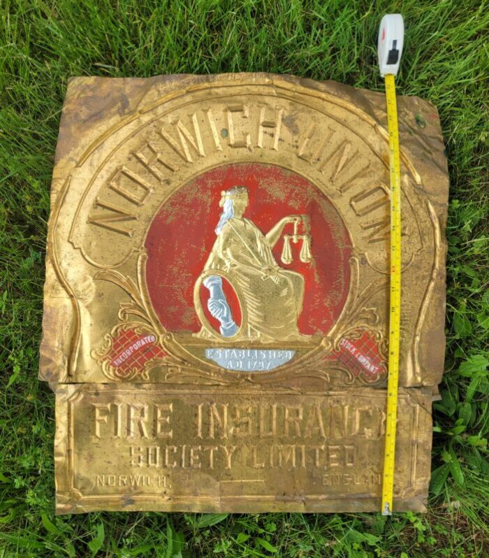 early 1900s norwich union fire insurance society limited norwich england established a d 1797 embossed metal sign building marker 4029