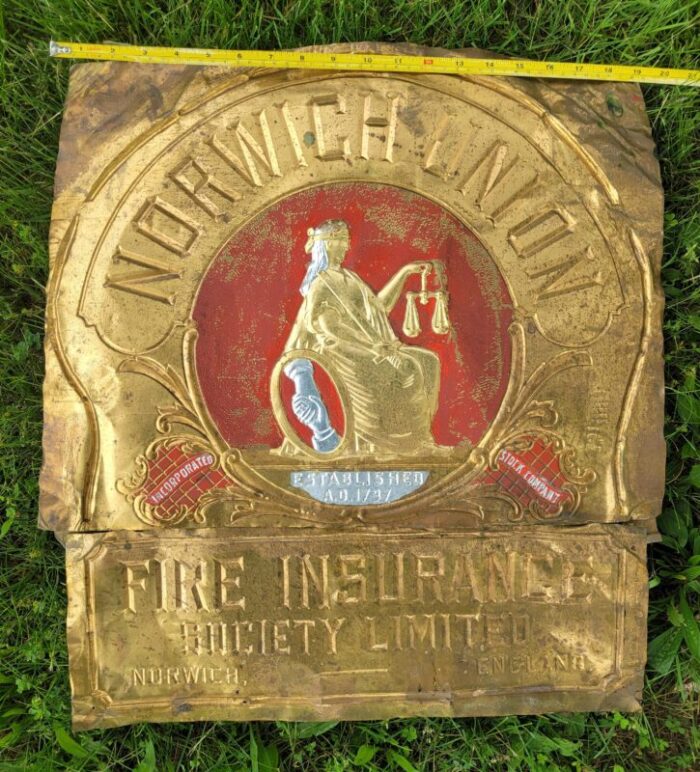 early 1900s norwich union fire insurance society limited norwich england established a d 1797 embossed metal sign building marker 8914