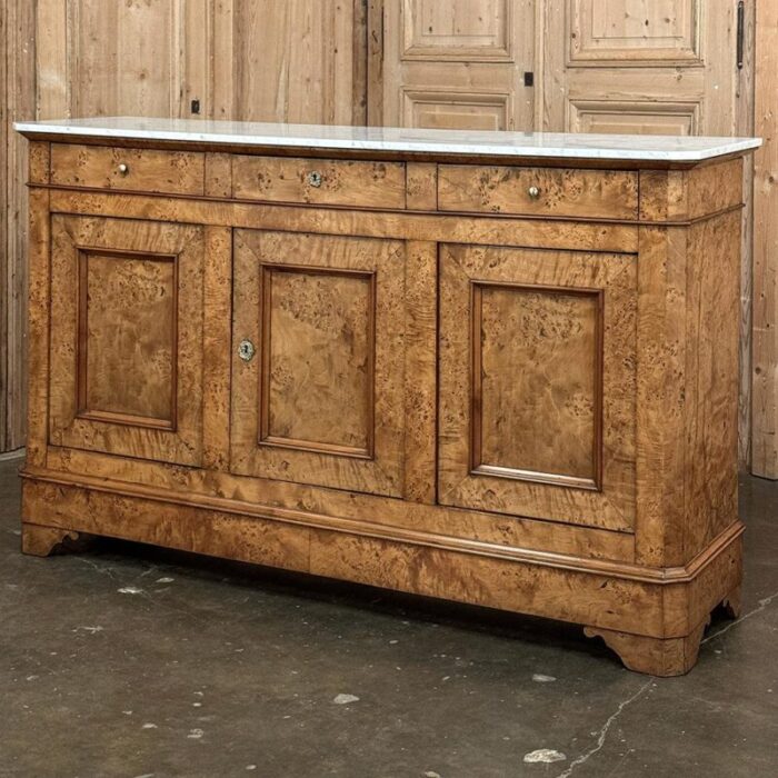 early 19th century french charles x burl fruitwood buffet with carrara marble top 0801