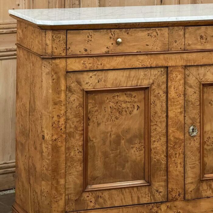 early 19th century french charles x burl fruitwood buffet with carrara marble top 2305