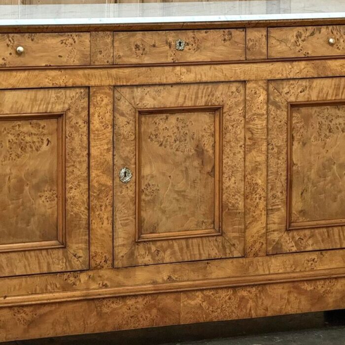 early 19th century french charles x burl fruitwood buffet with carrara marble top 4425