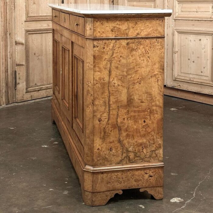 early 19th century french charles x burl fruitwood buffet with carrara marble top 5663