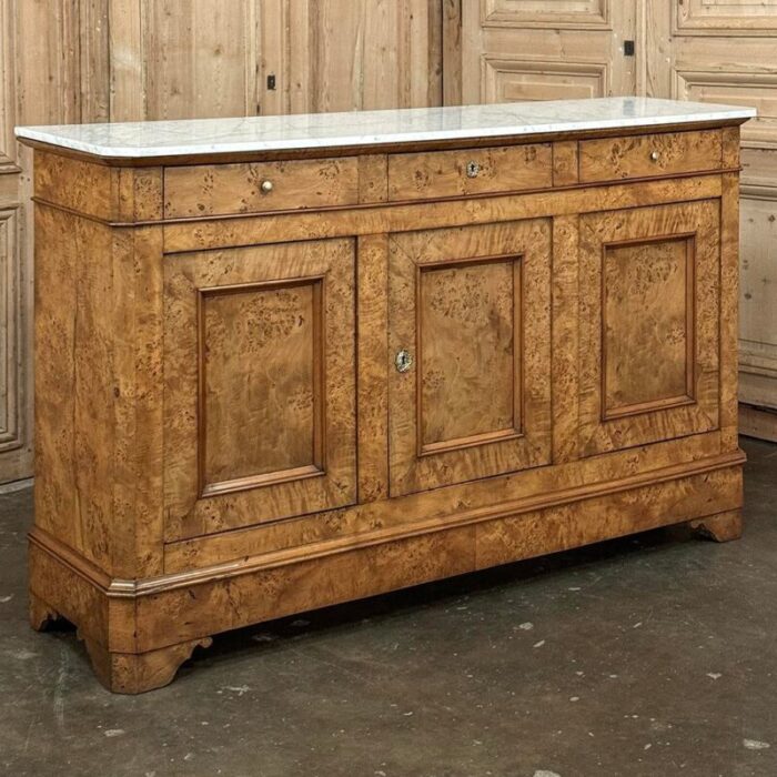 early 19th century french charles x burl fruitwood buffet with carrara marble top 5931