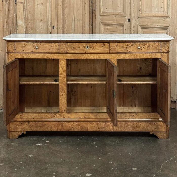 early 19th century french charles x burl fruitwood buffet with carrara marble top 6257