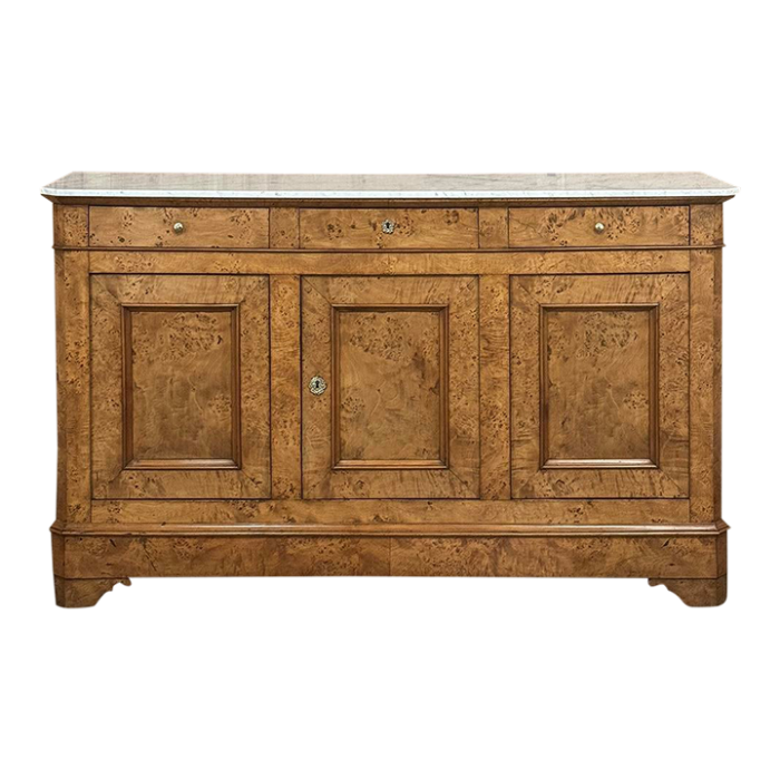 early 19th century french charles x burl fruitwood buffet with carrara marble top 7754