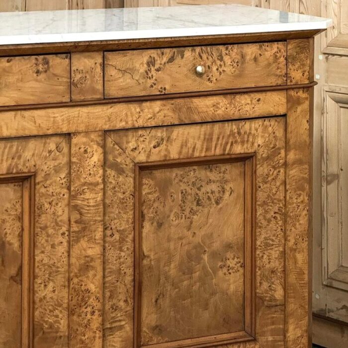 early 19th century french charles x burl fruitwood buffet with carrara marble top 9816