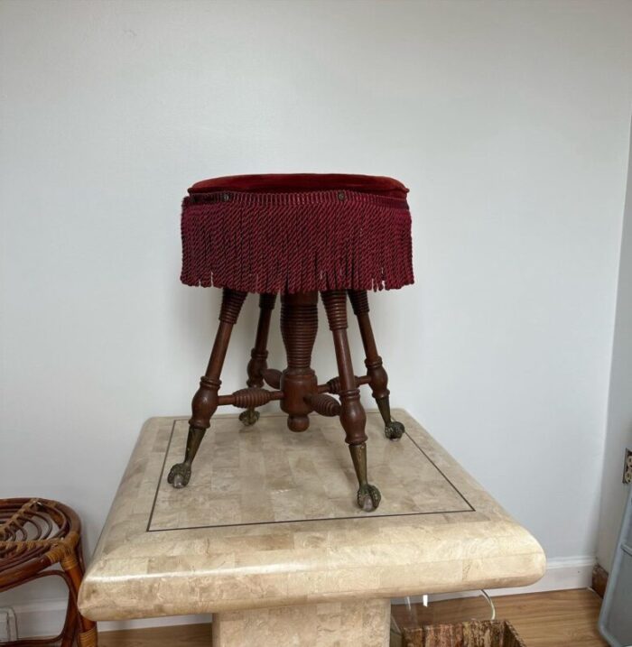 early 20th century antiquue height piano stool with antique pins and fringe 1786