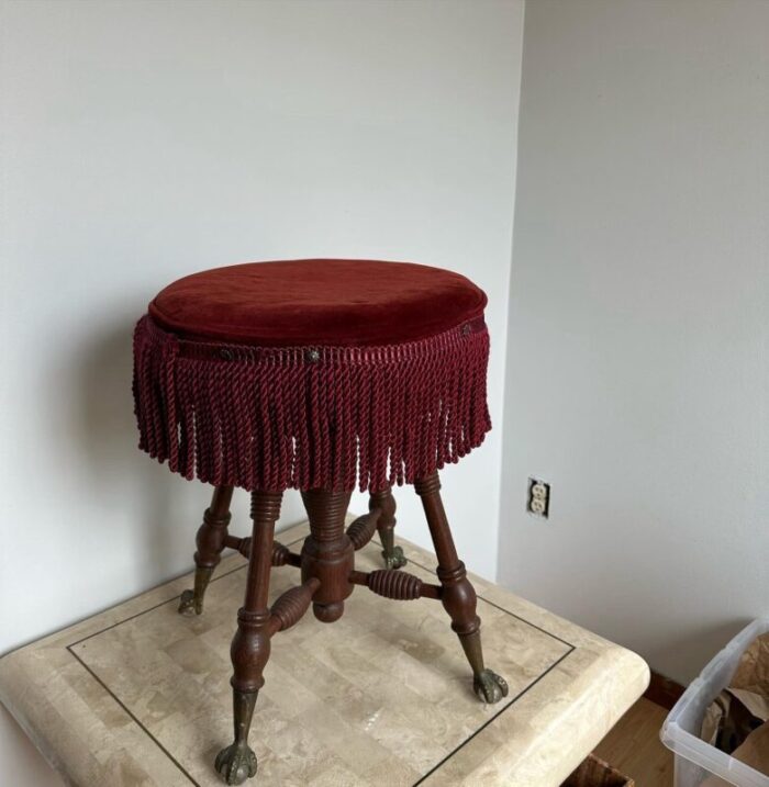 early 20th century antiquue height piano stool with antique pins and fringe 9382