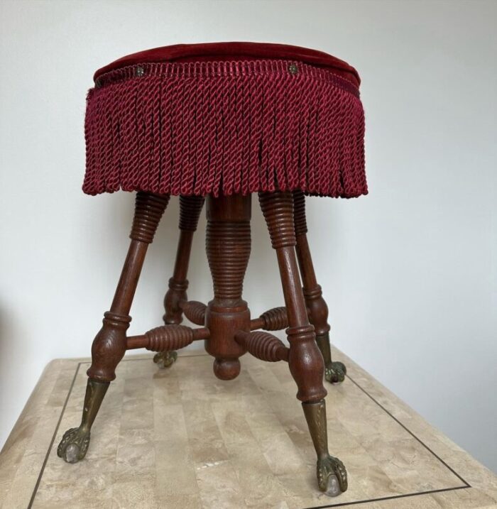 early 20th century antiquue height piano stool with antique pins and fringe 9599