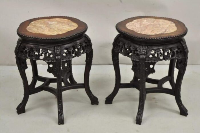 early 20th century chinese carved hardwood marble top oriental plant stand side table a pair 1346