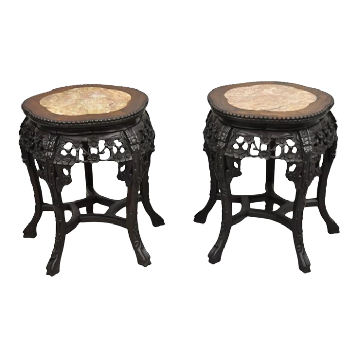 early 20th century chinese carved hardwood marble top oriental plant stand side table a pair 2793