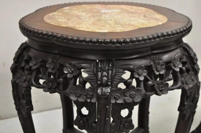 early 20th century chinese carved hardwood marble top oriental plant stand side table a pair 2855