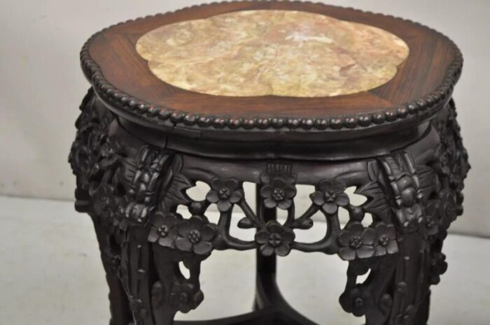 early 20th century chinese carved hardwood marble top oriental plant stand side table a pair 7391