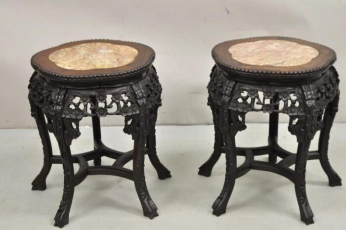 early 20th century chinese carved hardwood marble top oriental plant stand side table a pair 8524