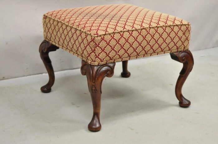 early 20th century english queen anne style carved walnut square upholstered ottoman footstool 0072