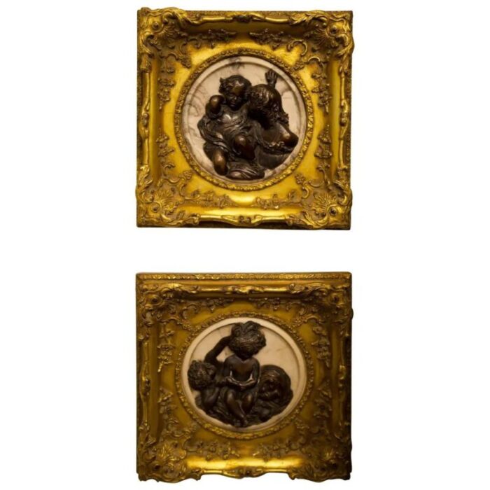 early 20th century french marble bronze and gilt wood cameo wall decorations set of 2 1