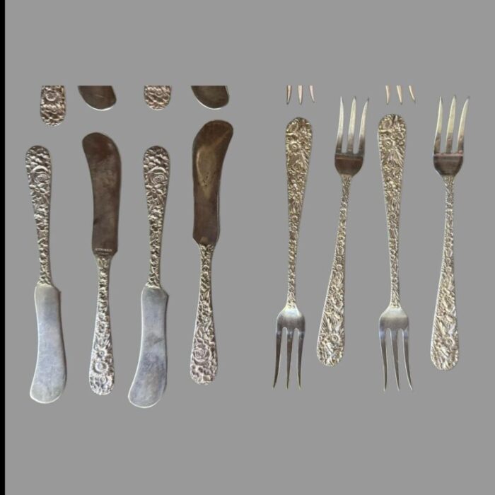 early 20th century kirk and son stieff sterling silver repousse flatware set service for 8 64 pieces 0676