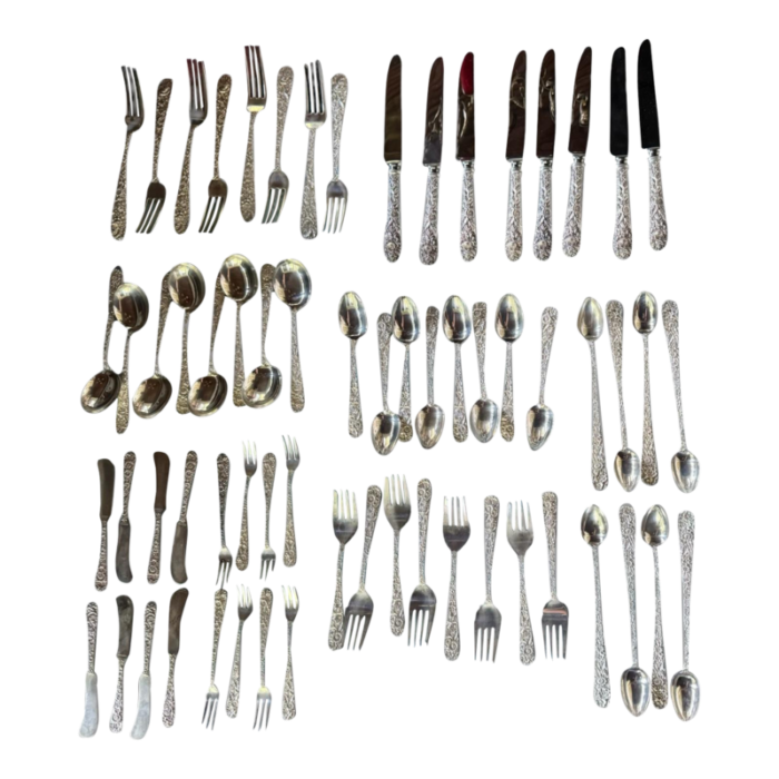 early 20th century kirk and son stieff sterling silver repousse flatware set service for 8 64 pieces 4211