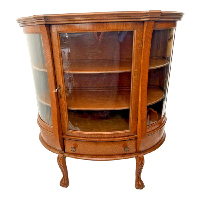 early 20th century low china cabinet curio display curved glass drawer locking door tiger oak 8156