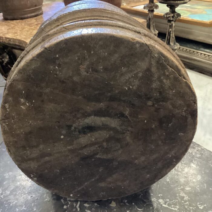 early 20th century wooden vessel from india with visible woodgrain and hand carved brass birds on front 0186