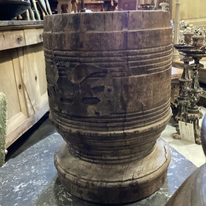 early 20th century wooden vessel from india with visible woodgrain and hand carved brass birds on front 1403