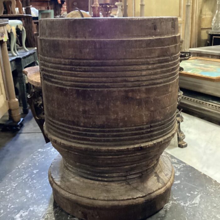 early 20th century wooden vessel from india with visible woodgrain and hand carved brass birds on front 2001