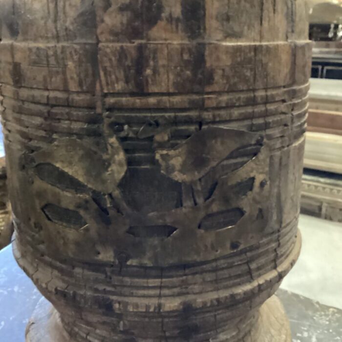 early 20th century wooden vessel from india with visible woodgrain and hand carved brass birds on front 3324