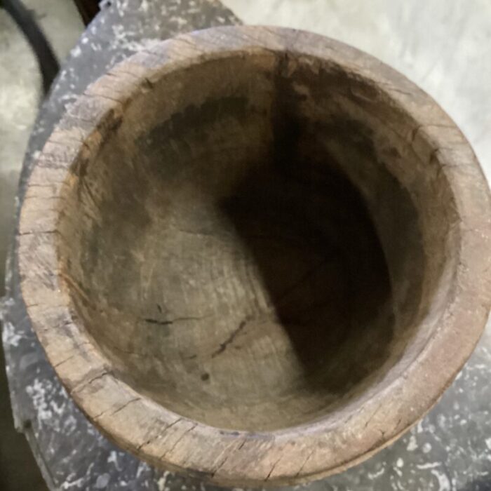 early 20th century wooden vessel from india with visible woodgrain and hand carved brass birds on front 3760