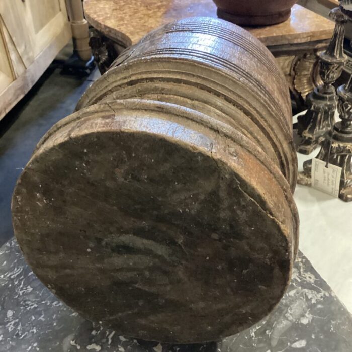 early 20th century wooden vessel from india with visible woodgrain and hand carved brass birds on front 3793