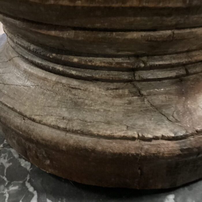 early 20th century wooden vessel from india with visible woodgrain and hand carved brass birds on front 4947