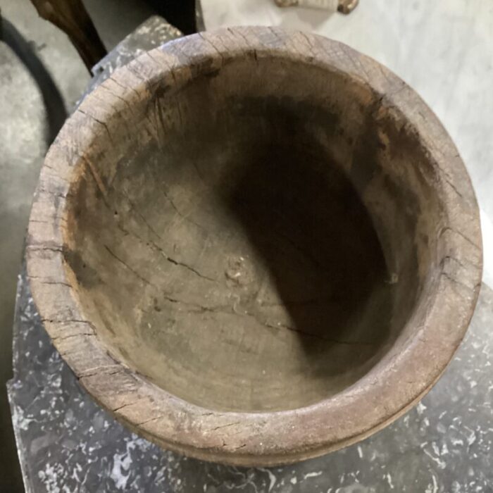 early 20th century wooden vessel from india with visible woodgrain and hand carved brass birds on front 6524