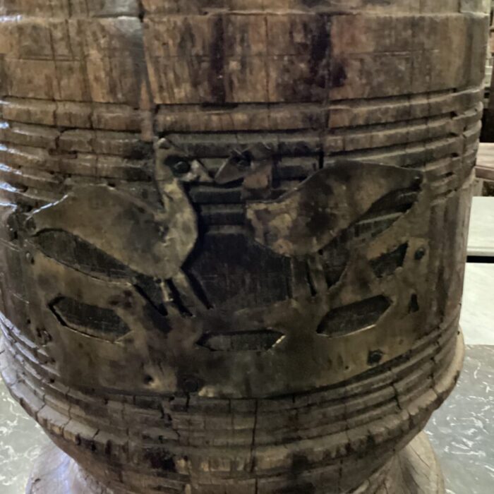 early 20th century wooden vessel from india with visible woodgrain and hand carved brass birds on front 7727