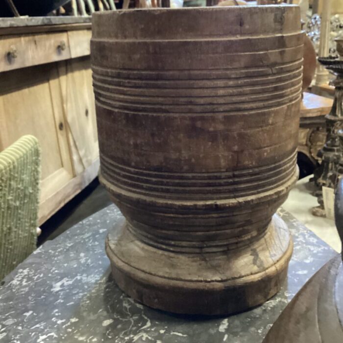 early 20th century wooden vessel from india with visible woodgrain and hand carved brass birds on front 9370