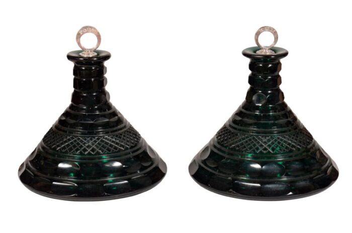 emerald green cut glass ships decanters a pair 5058