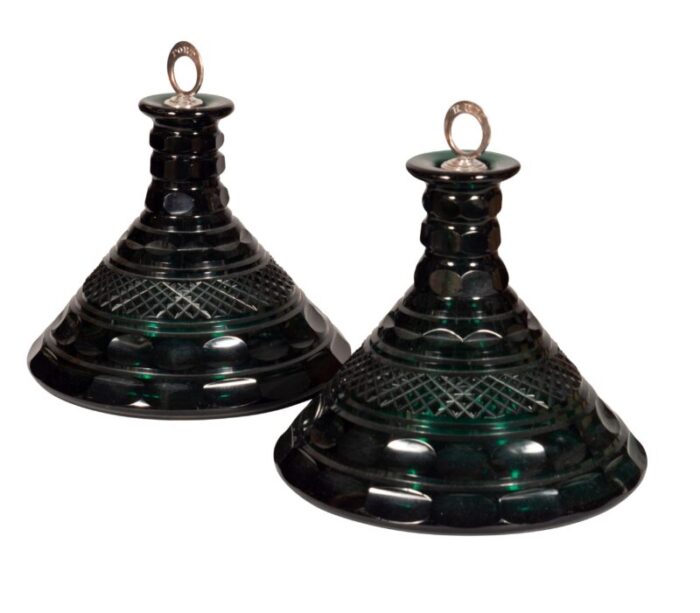 emerald green cut glass ships decanters a pair 6203