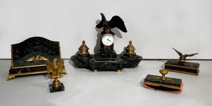 empire style marble and bronze clock set late 1800s set of 5 1